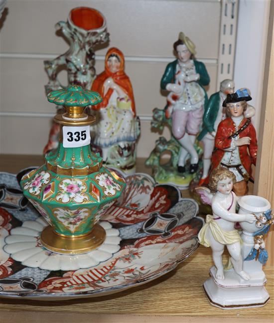 Five Staffordshire figural groups, three others, scent bottle and Imari dish